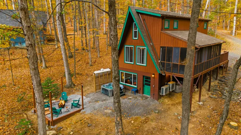 Drone photo of an A-frame in fall