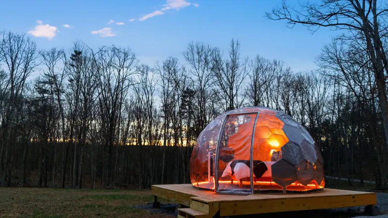Glamping dome at night