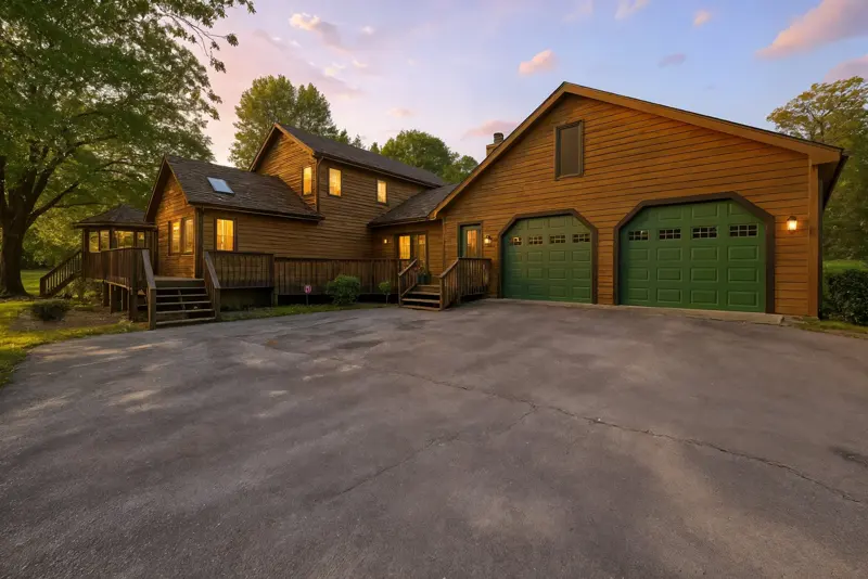 Log home and garage at dusk
